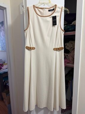 Lauren Ralph Lauren Cream Midi Dress with Tan Trim